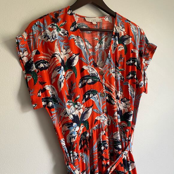 LOFT Womens Floral Short Capped Sleeve Button Down Dress with Belt in Red Size 6 - Picture 6 of 15